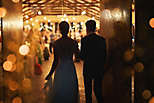 Newly married couple entering a reception hall.