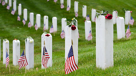 Tombstones with american flags
