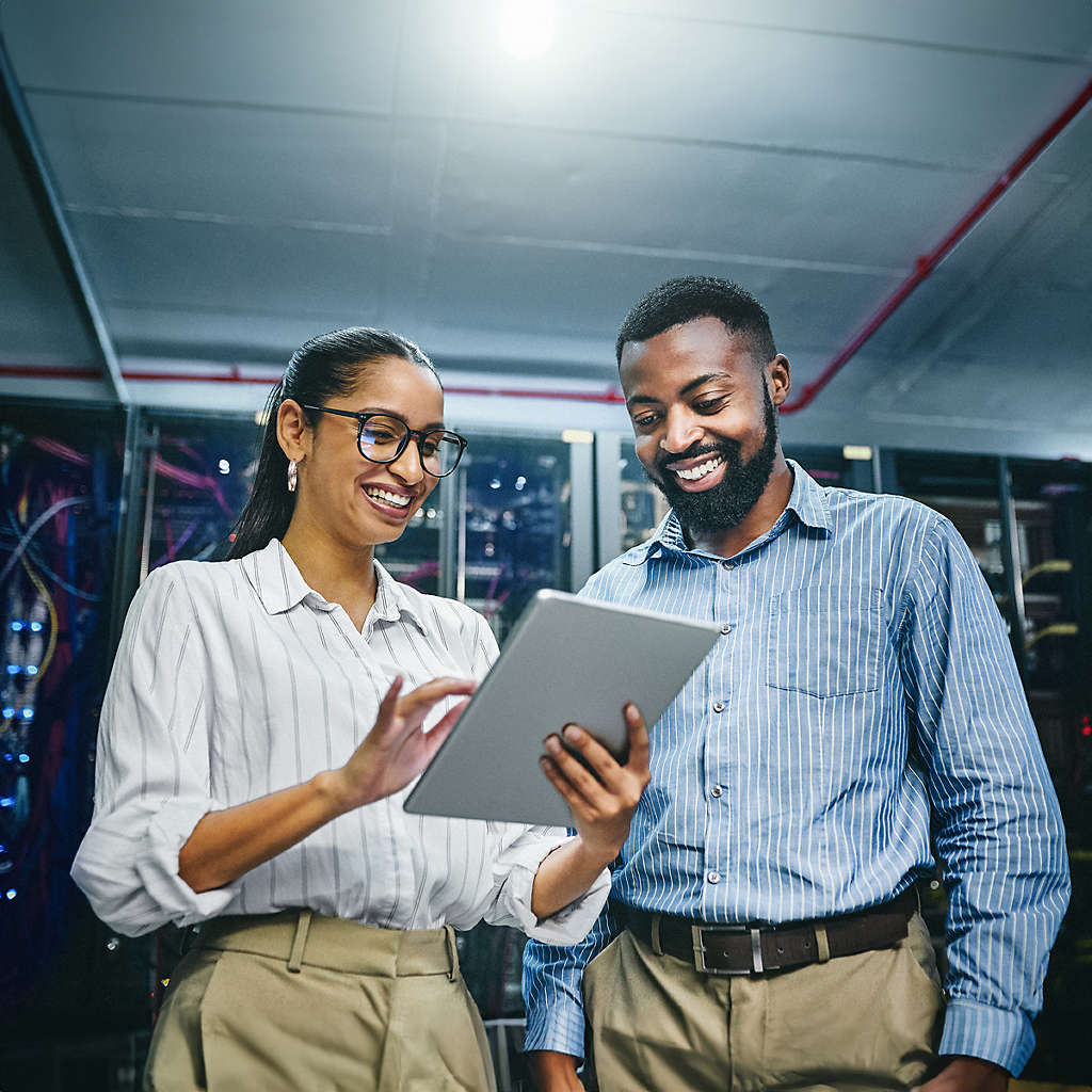 Technology Man and woman Smiling