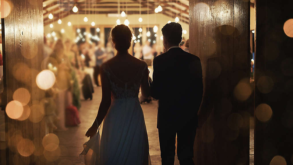 Couple makes grand entrance into marriage.