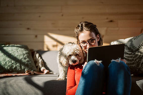 Young woman and her pet dog looking at a tablet.