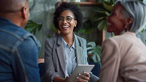 A woman helping a couple with their finances