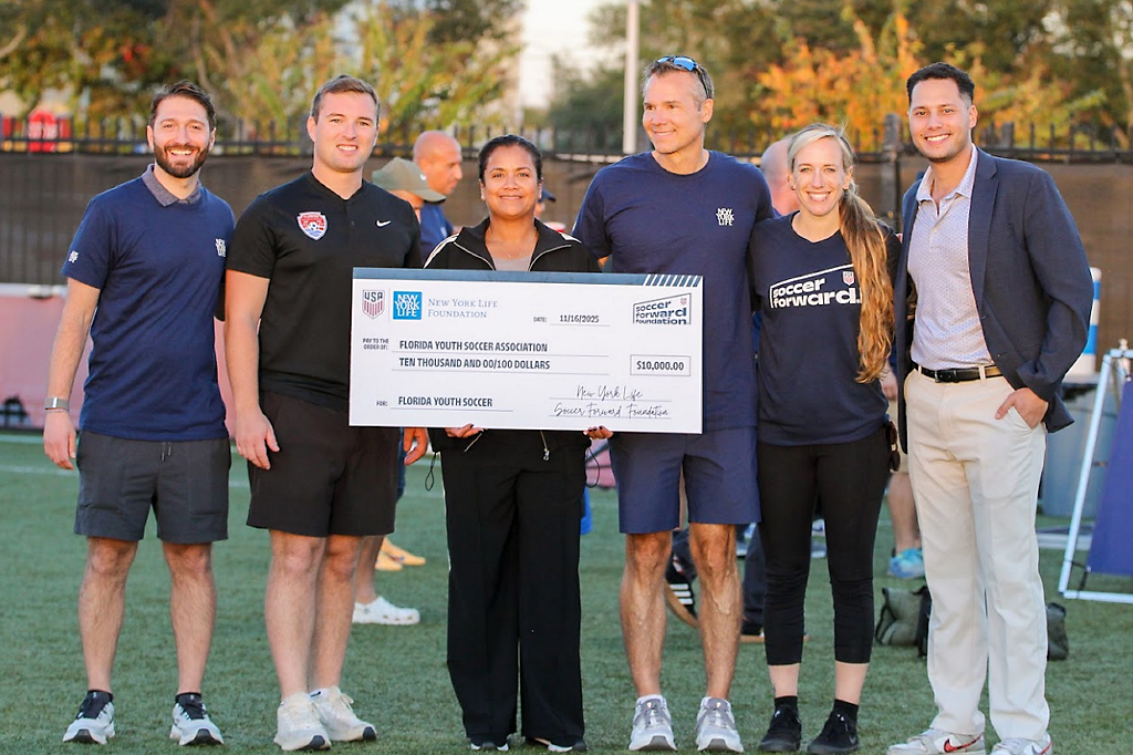 From left: Harrison Laifer, head of Sponsorships, New York Life; Ryan Foley, FYSA; Maria Collins, NYL Foundation; J. Albert Stobbe, Managing Partner, New York Life Tampa General Office; Nora Dooley, Soccer Forward; and Nico Finol, U.S. Soccer Federation.