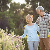 Mature couple working and laughing in a garden