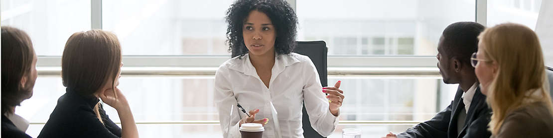 Person presenting notes at conference table
