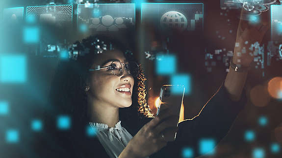 Stylized image of a woman handling technology.