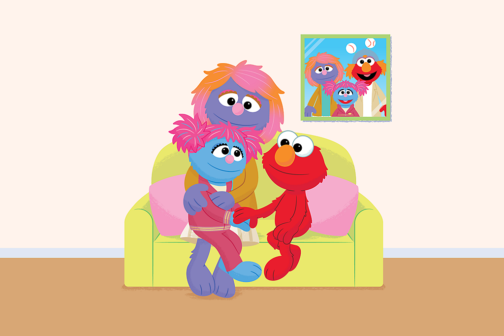 Illustration of Sesame Street characters family care during grief