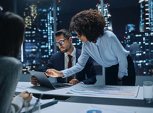 Employees looking at a laptop