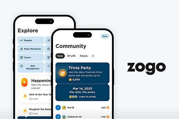 Two mobile phones showing Zogo game screens next to the Zogo logo.