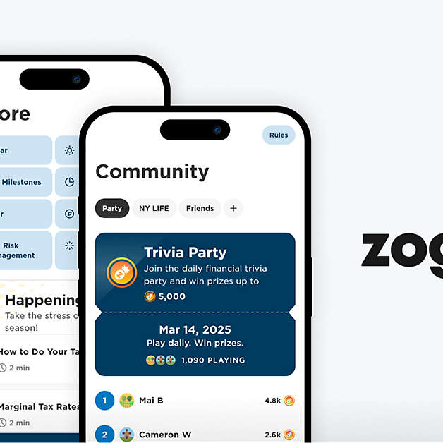 Two mobile phones showing Zogo game screens next to the Zogo logo.